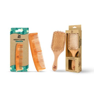 Dual Tooth Neem Wood Comb & Bamboo Hair Brush Combo | Hair Comb Set | Unisex...