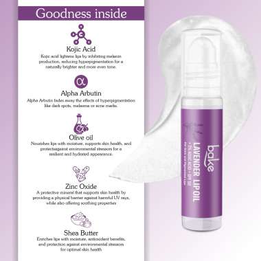 Bake Cosmetics: 2% Kojic Acid Lavender Lip Balm Oil for Dark & Pigmented Lips with SPF 50