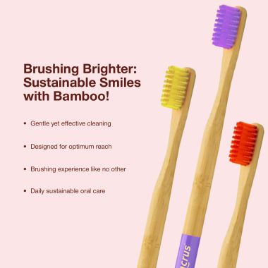 Amwoodo: Orby Plus Bamboo Toothbrush For Adults | 100% Natural Soft Bristles | Lavender, Yellow, Red | Pack of 3