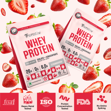 TruNativ: Whey protein powder | Blend with Isolate and Concentrate | 26g Protein | 6g BCAA | No added Sugar| Strawberry (907g / 2lbs)