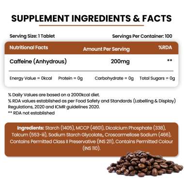 Vlado's Himalayan Organics: Caffeine 200mg | Enhance Energy Metabolism - 100 Veg Tablets