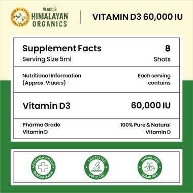 Vlado's Himalayan Organics: Vitamin D3 60000 IU Shots | Cholecalciferol Vitamin D3 60000 IU Supplement   5ml Each bottle - Orange Flavour - (Pack of 8) 