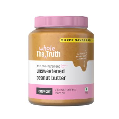 The Whole Truth: Supersaver Pack  Unsweetened Peanut Butter  925 g  Crunchy  No Added Sugar  No Artificial Sweeteners  No Gluten & Soy  No Preservatives  100% natural protein source
