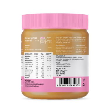 The Whole Truth: Unsweetened Peanut Butter  325g  Creamy  No Added Sugar  No Artificial Sweeteners  No Gluten  No Preservatives 100% natural protein source