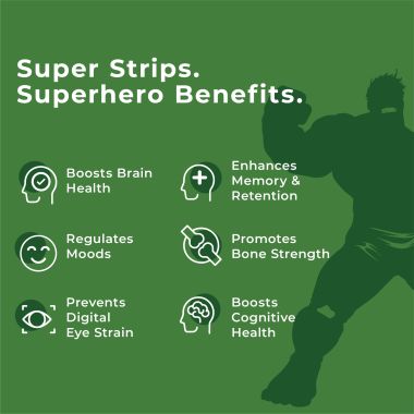 Wellbeing Nutrition: Marvel Hulk Melts | Kids Vegan Algae Omega-3(EPA & DHA), Alpha GPC - Strawberry Mint Flavor (30 OralThin Strips)