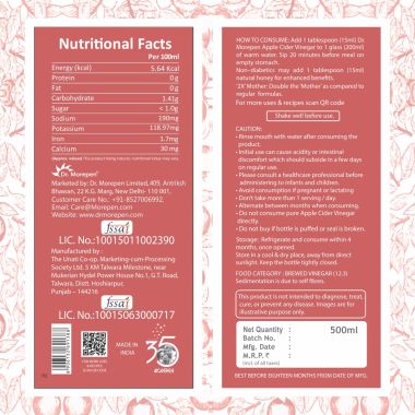Dr. Morepen: Apple Cider Vinegar With 2x Mother Raw & Unfiltered - Buy 1 Get 1 Free Vinegar - (2 x 0.5 L)