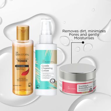 The Skin Story: CTM Pack ( Gentle Cleanser - 100ml + Hydrating and Pore Minimizing Toner - Witch Hazel - No Alcohol - 100 ml + Nourishing & Moisturising Cream - 50gm )