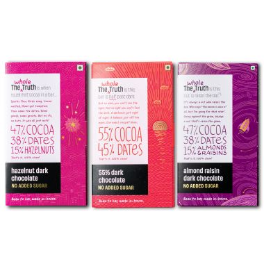 The Whole Truth: 55% Dark Chocolate Combo - (Pack of 3) - 1 - 55% Dark chocolate - 1 - Hazelnut Dark Chocolate - 1- Almond Raisins Dark Chocolate - No Added Sugar - Sweetened only with Dates - 55% Cocoa - 45% Dates