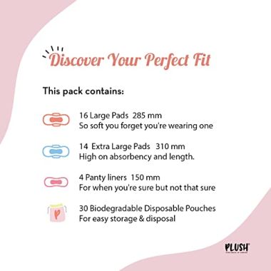 Plush: 100% Pure US Cotton Ultra-Thin Rash Free & Soft Natural Sanitary Pads for Women - 30 Pads (16 Light Flow Pads, 14 Heavy Flow Pads And 2 Panty Liners)