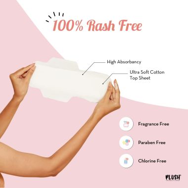 Plush: 100% Pure US Cotton Ultra-Thin Rash Free & Soft Natural Sanitary Pads for Women - 30 Pads (16 Light Flow Pads, 14 Heavy Flow Pads And 2 Panty Liners)