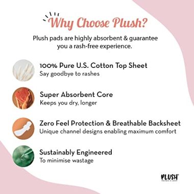 Plush: 100% Pure US Cotton Ultra-Thin Rash Free & Soft Natural Sanitary Pads for Women - 30 Pads (16 Light Flow Pads, 14 Heavy Flow Pads And 2 Panty Liners)