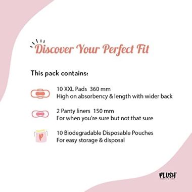 Plush: 100% Pure US Cotton Ultra-Thin Rash Free Natural Sanitary Pads for Women - 10 XXL Pads with Diposable Pouches - 360mm | For Heavy Flow