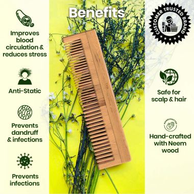 TNW - The Natural Wash: Neem Wood Comb (Anti-Dandruff & Anti-Hair Fall Comb) - With Dual Teeth