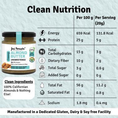 Jus Amazin: Creamy Almond Butter - Unsweetened - 200 gm
