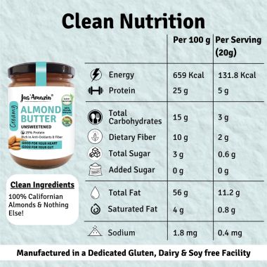Jus Amazin: Creamy Almond Butter - Unsweetened - 500 gm