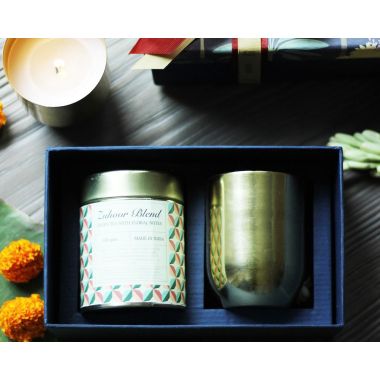 Sukoon: Gift Set - Set Of Brass Candle, Zuhoor Blend Tea And Brass Strainer