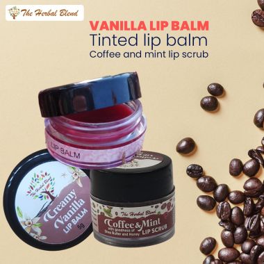 The Herbal Blend: Vanilla lip balm (nude shade) + Tinted Lip Balm (Natural Red) + Coffee and Mint Lip Scrub