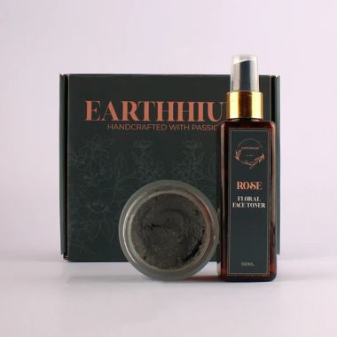 Earthhium: Charcoal & Mint Instant Facial Jar & Rose Floral Face Toner