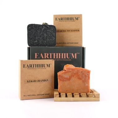 Earthhium: Kesar & Charcoal Eucalyptus Soap with Bamboo Soap Dish