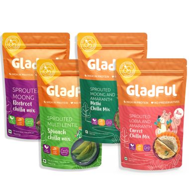 Gladful: Sprouted Moong, Amaranth & Lobia Cheela Dosa Mix - Assorted - Pack of 4 (200gm) each