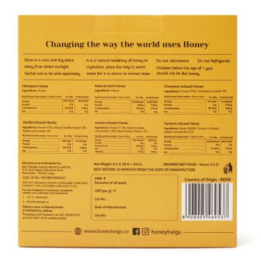Honey Twigs: Tasterz Honey Combo Pack - Multiflora, Litchi, Cinnamon, Vanilla, Lemon and Turmeric Infused Honey - 3 Sachets each