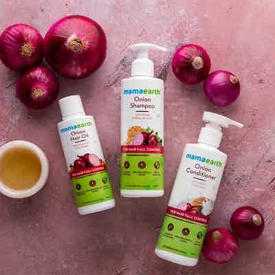 Mamaearth: Anti Hair Fall Spa Range with Onion Hair Oil + Onion Shampoo + Onion Conditioner for Hair Fall Control