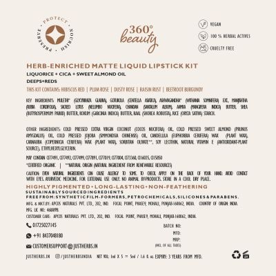 Just Herbs: Ayurvedic Liquid Lipstick Kit Set of 5  Deeps & Reds - 2ml each