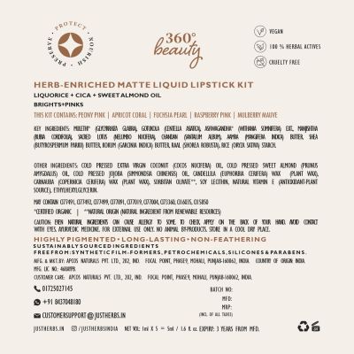 Just Herbs: Ayurvedic Liquid Lipstick Kit Set of 5  Brights & Pinks - 2ml each