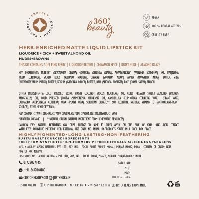 Just Herbs: Ayurvedic Liquid Lipstick Kit Set of 5 Nudes & Browns - 2ml each