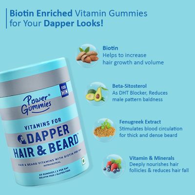 Power Gummies: Vitamin for Dapper Hair & Beard Gummies for Him DHT Blocker Biotin - Blueberry Strawberry Flavour - 60 Gummies