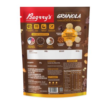 Bagrrys: Superfood Granola Belgian Dark Chocolate & Almonds - 400gm