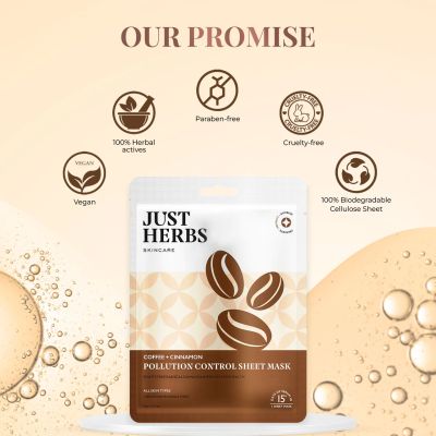 Just Herbs: Sheet Mask Glowing Skin Serum Masks - 20gm (Coffee, Cinnamon)