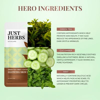 Just Herbs: Sheet Mask Glowing Skin Serum Masks - 20gm (Green Tea, Mint, Cucumber)