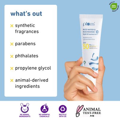 Plum: 2% Niacinamide & Rice Water Hybrid Face Sunscreen with SPF 50 PA+++ - 50ml