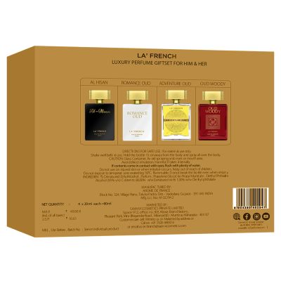 La' French: Luxury oudh Perfume Gift Set - Adventure Oud, Romance Oud, Al Hisan & Oud Woody for men & women - Pack of 4 - 20 ml Each
