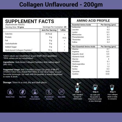 INLIFE: Hydrolyzed Collagen Peptides Powder - Unflavoured - 200gm