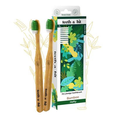 Teeth A Bit: Bamboo Toothbrush Adults Hefty Handle Anti-Plaque Medium Bristles - Pack of 2 (Forest Green)