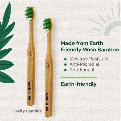 Teeth A Bit: Bamboo Toothbrush Adults Hefty Handle Anti-Plaque Medium Bristles - Pack of 2 (Forest Green)