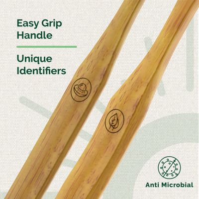 Teeth A Bit: Bamboo Toothbrush Adults Hefty Handle Anti-Plaque Medium Bristles - Pack of 2 (Forest Green)