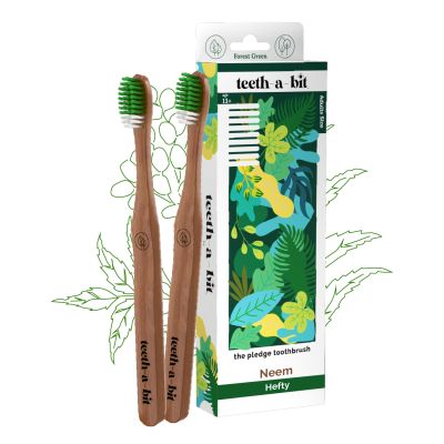 Teeth A Bit: Therapeutic Neem Toothbrush Adult Hefty Handle with Anti-Plaque Medium Bristles - Pack of 2 (Forest Green)