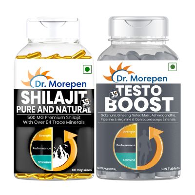 Dr. Morepen: Sexual Wellness Kit with Shilajit Capsules and Testos Boost - Ayurvedic Supplement to improve Stamina & Strength- 60 Capsules Each