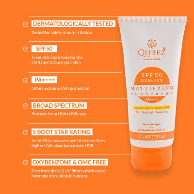 Qurez: Mattifying Sunscreen SPF 50 PA++++ - 50gm