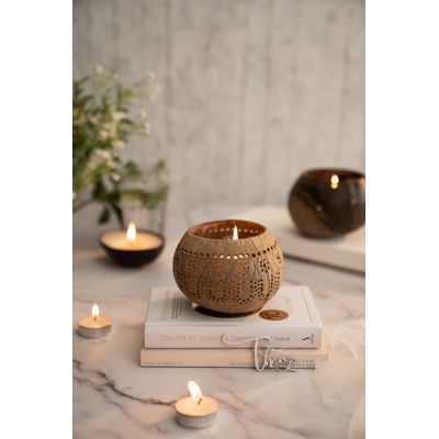 Thenga: 100% Natural Jumbo Hand Carved Coconut Candle Shell Holder - Tropical