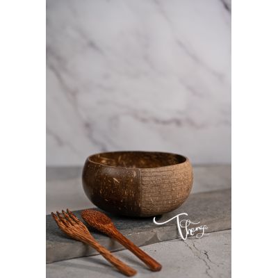 Thenga: Hand Carved Jumbo Coconut Bowl with Spoon & Fork