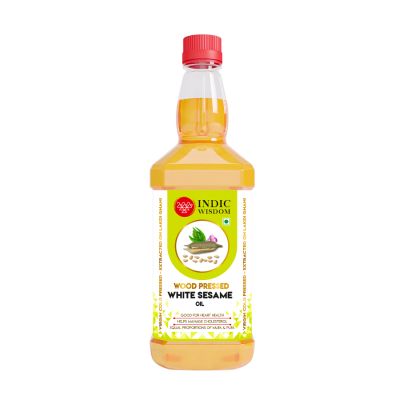 Indic Wisdom: Wood Pressed White Sesame Oil 1 Liter (Cold Pressed White Sesame Oil - Extracted on Wooden Churner)
