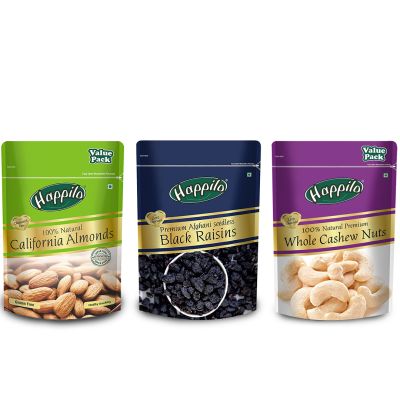 Happilo: Combo of Premium Californian Almonds (500g), Whole Cashews (500g), Afghani Seedless Black Raisins (250g)