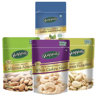 Happilo: Combo of Premium Californian Almonds, Whole Cashews, Chilean Inshell Walnut Kernels & Roasted & Salted Pistachios (500g each)