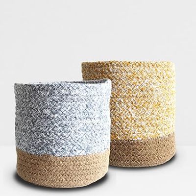 Greenkin: Eco-Friendly Mustard Yellow & Pebble Grey Cotton Planters - Pack of 2 (6 inches each)