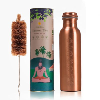 Sarveda: Sarveda 7 Chakra Plain Copper Water Bottle with Cleaning Brush - 1...