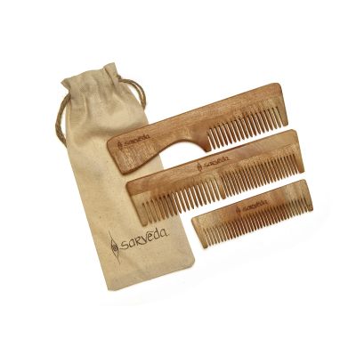Sarveda: NeemWood Comb Combo of 3 - Straight - Handle & Pocket Size